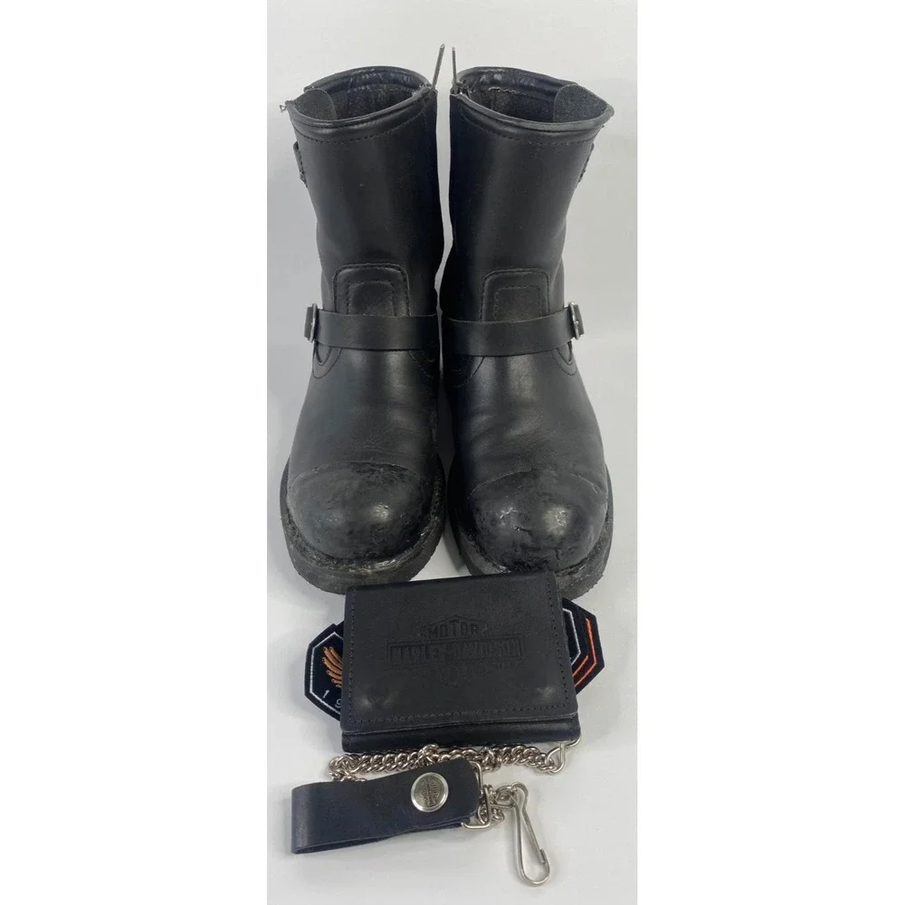 Harley-Davidson Boots Wallet Patches Mens 9 Black Good Engineer Biker Bundle